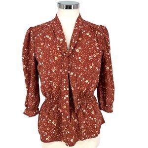 Monteau Floral Tie-Neck Blouse Peplum Brown Size Large NWT